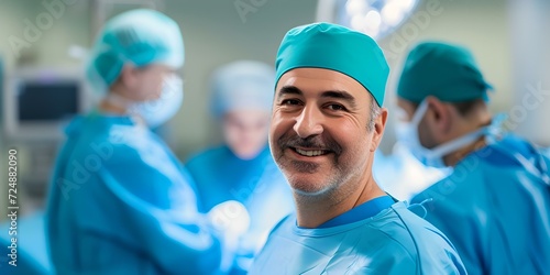 Confident surgeon smiling in a sterile hospital environment, surgical team in the background. professional medical staff at work. AI photo