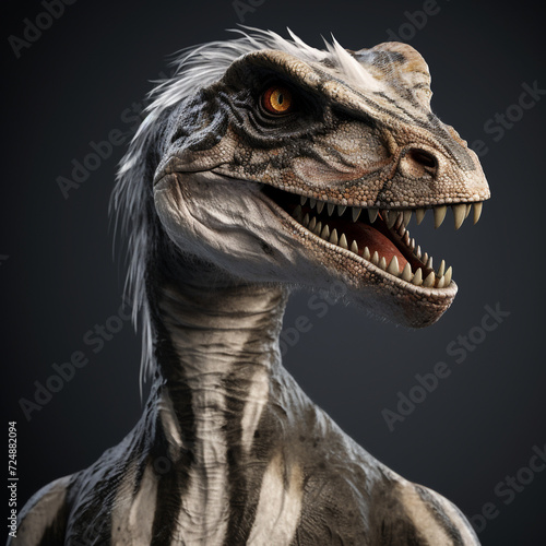 female velociraptor, white/gray skin with brown and black stripes сreated with Generative Ai © Andrii Yablonskyi