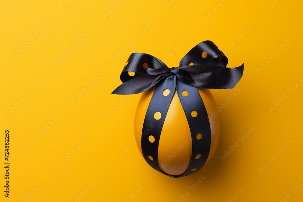 happy Easter gift and decorations. colorful egg with shiny ribbon bow on springtime meadow background. Template for label, gift greeting card, promotional banner or ticket price