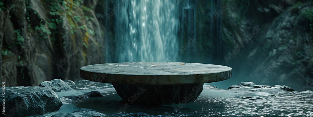 a round stone table set up against a waterfall in the a round stone table set up against a waterfall in the