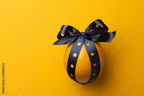 Obraz na płótnie happy Easter gift and decorations. colorful egg with shiny ribbon bow on springtime meadow background. Template for label, gift greeting card, promotional banner or ticket price w salonie