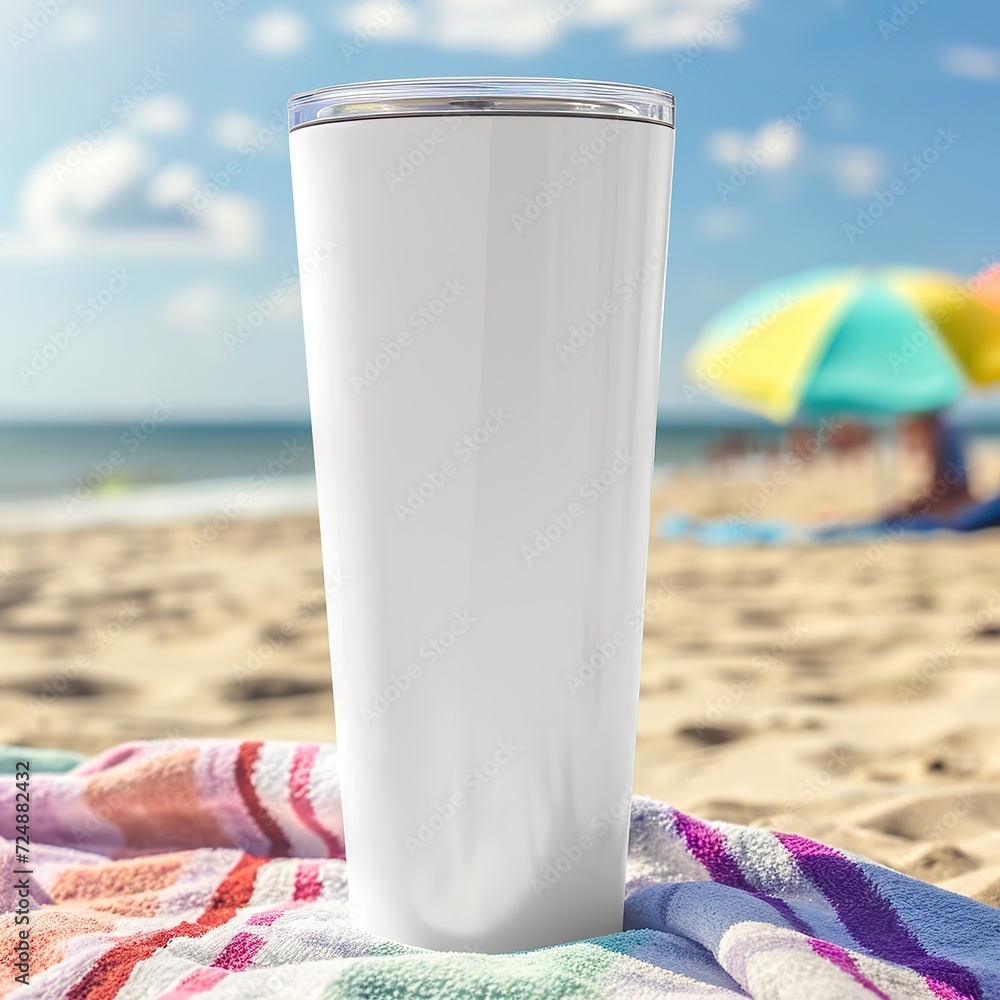 Beach Essentials, Blank White Tumbler on Sandy Towel