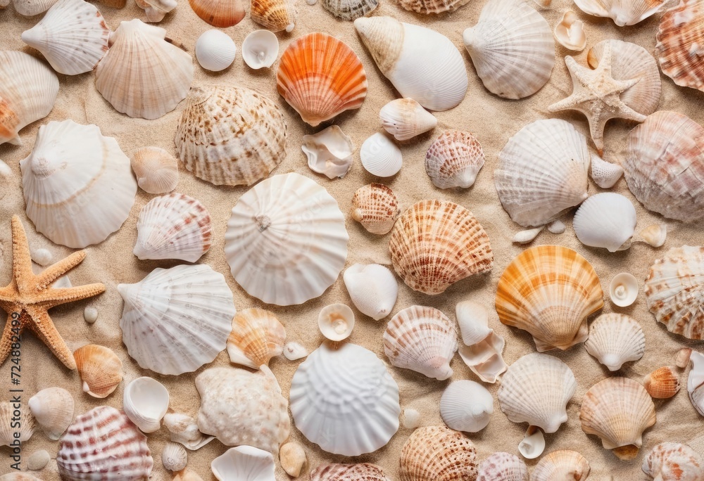 A textured wallpaper with a pattern of seashells in different shades of white, overlaid with a stylish multicolored painting of a beach at sunset. A textured wallpaper with a pattern of seashells in different shades of white, overlaid with a stylish multicolored painting of a beach at sunset.