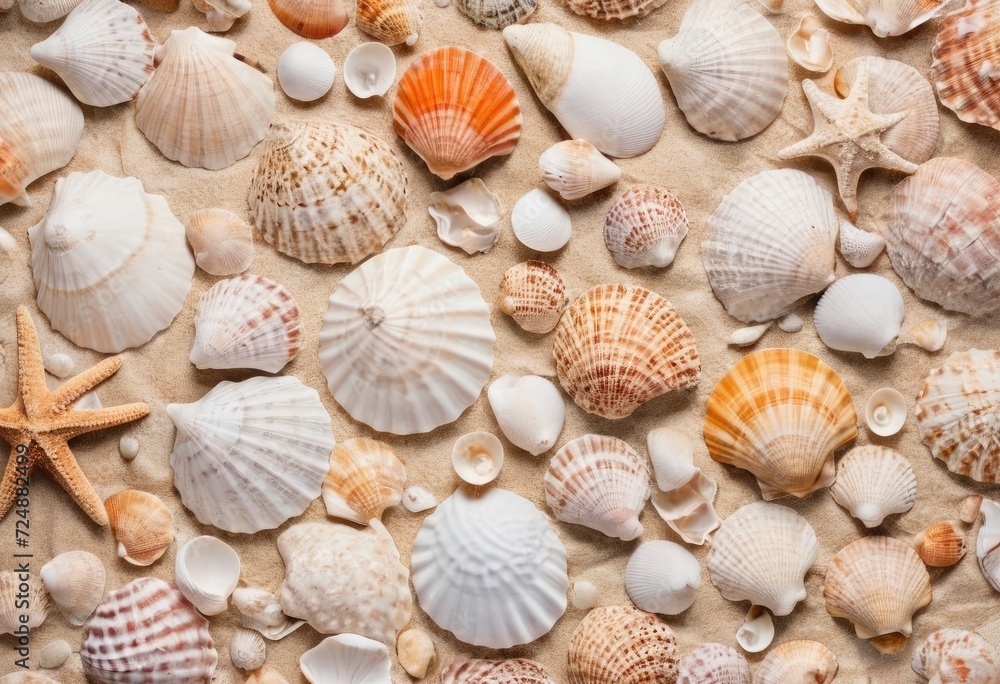 A textured wallpaper with a pattern of seashells in different shades of white, overlaid with a stylish multicolored painting of a beach at sunset.