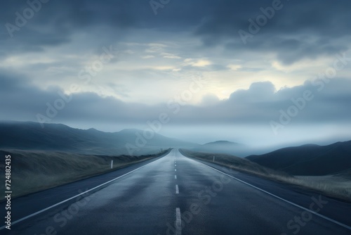 Highway in the mountains with clouds in the sky. Long exposure