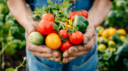 Frisches Gemüse in zwei geöffneten Händen wird präsentiert und nach vorn gestreckt. Draufsicht. Generative AI © Imagecreator
