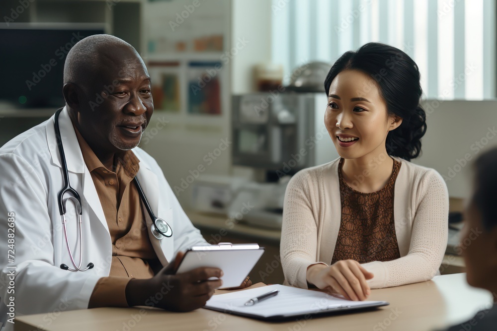 African American patient explaining issues to Asian doctor using tablet African American patient explaining issues to Asian doctor using tablet