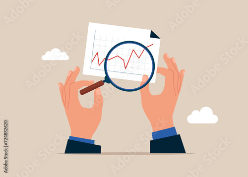 Arms hold magnifier lens glass enlarge graphics. Flat vector illustration.