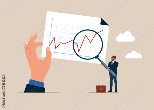 Businessman holding magnifying glass and planning to walk on risky investment graph. Flat vector illustration.