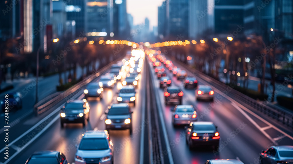 Verkehrsstau in einer Stadt mit autonomen Fahrzeugen und Autos mit Leuchtstreifen bei Dämmerung und Funksymbolen für Kommunikation zwischen Fahrzeugen Generative AI