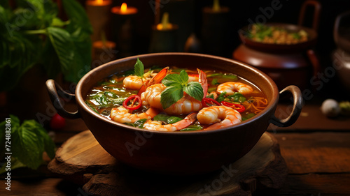 Authentic Thai Tom Yum soup served with succulent shrimps, lime, and chili slices spices in a ceramic bowl flatlay copy space banner.