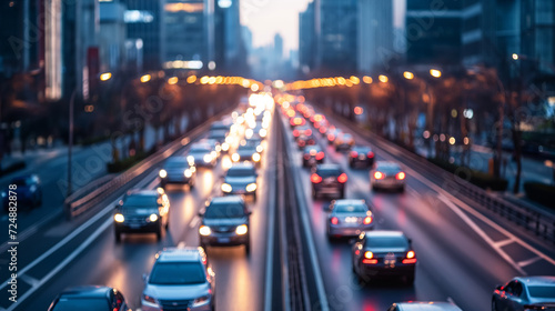 Verkehrsstau in einer Stadt mit autonomen Fahrzeugen und Autos mit Leuchtstreifen bei Dämmerung und Funksymbolen für Kommunikation zwischen Fahrzeugen Generative AI