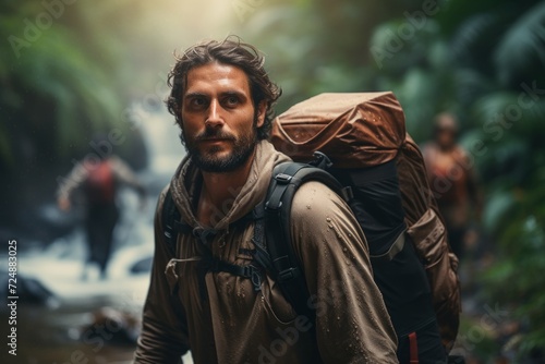 Captivating scene of a wildlife conservationist leading a nature photography expedition, framed with cinematic allure and a gently blurred backdrop.