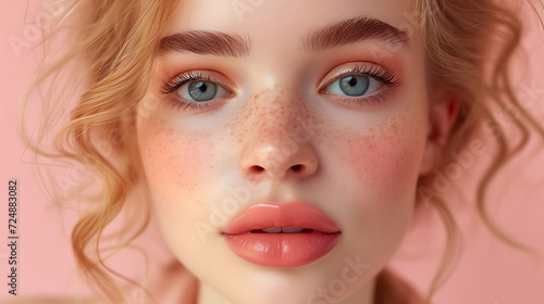 Beautiful red haired young glamour woman with freckles on her beautiful face and blue eyes natural skin  skin care  skin cancer prevention cosmetics Close up beautiful face