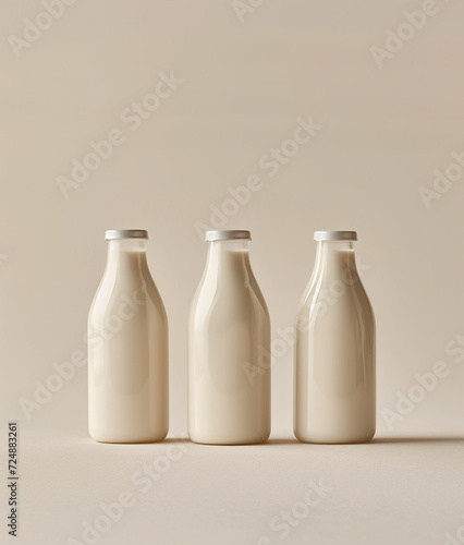 Three bottles of milk against plain beige background