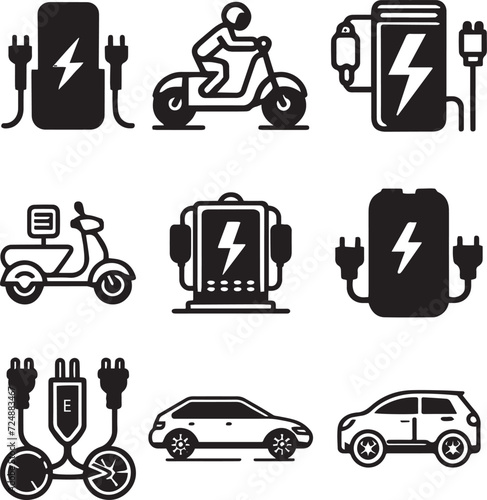 Electric vehicle icon set. Containing electric car, charging station, battery, EV charging, e-bike, hybrid, e-car, electric scooter and power. Icons collection. Vector . photo