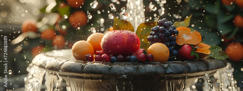 a set of beautiful fruits on a background of a founta photo