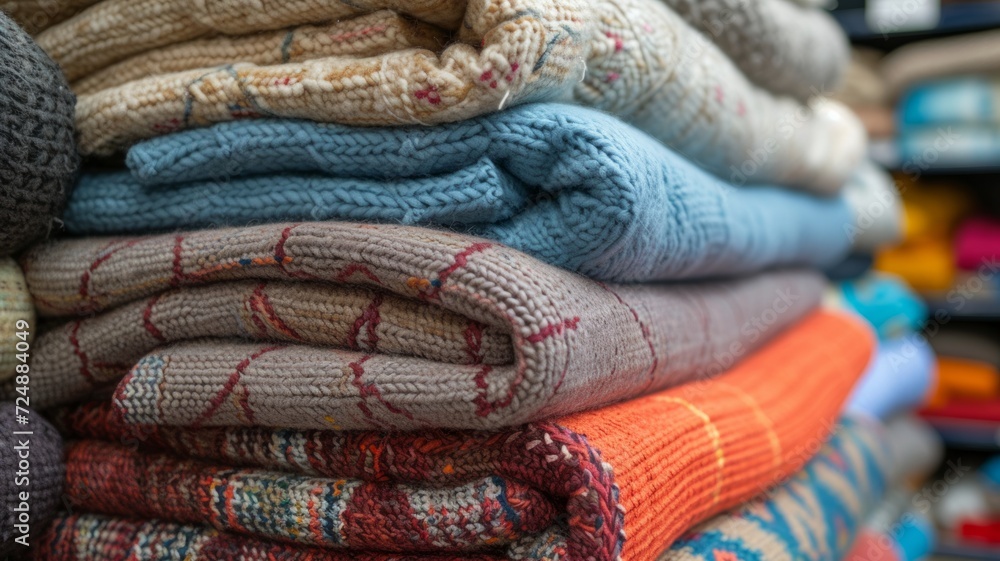 Warm blankets piled for distribution, highlighting a blanket drive and the generosity extended through charitable efforts Warm blankets piled for distribution, highlighting a blanket drive and the generosity extended through charitable efforts