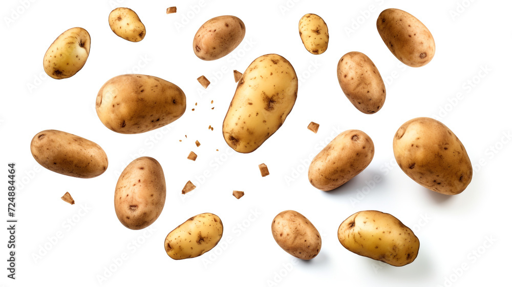 Obraz premium Falling fresh potatoes isolated on transparent or white background сreated with Generative Ai