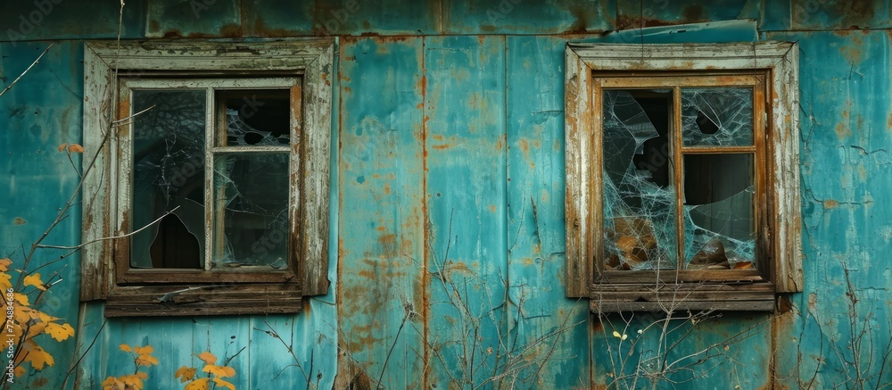 Abandoned house in Chernobyl's radioactive zone with two old, rusty windows and shattered glass. Abandoned house in Chernobyl's radioactive zone with two old, rusty windows and shattered glass.