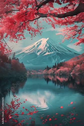 art of fuji mountains in japan, sakura pink leaves in nature generated ai