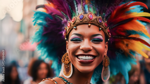 Brazilian carnival. Beautiful dancer dressed with feathers and wings enjoying the parade, smiling at the crowd. created with ai