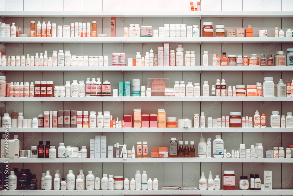 Defocused pharmacy without employees clients visitors with medicines, pills, medicines, goods, painkillers, jars on shelves