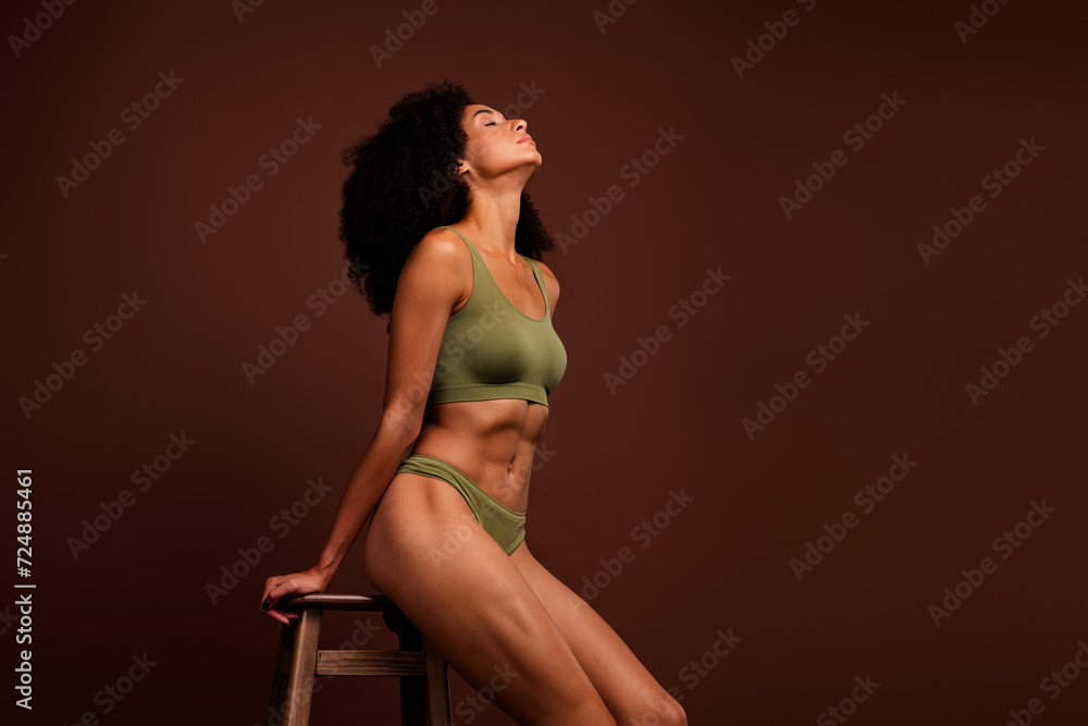 Obraz premium No retouch photo of stunning dreamy girl posing in lingerie muscular sexual shape empty space isolated on brown color background