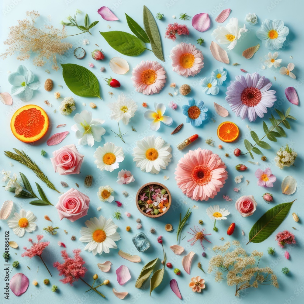 A variety of flowers and petals scattered on a light blue background A variety of flowers and petals scattered on a light blue background