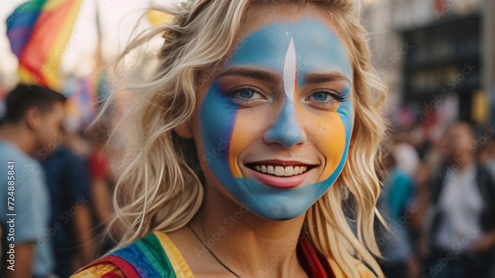 Blond Girl at protest. LGBTQ Parade- Fighting for Rights. Happy Woman. Happy Girl Smiling on Parade. Blond Girl at protest. LGBTQ Parade- Fighting for Rights. Happy Woman. Happy Girl Smiling on Parade.
