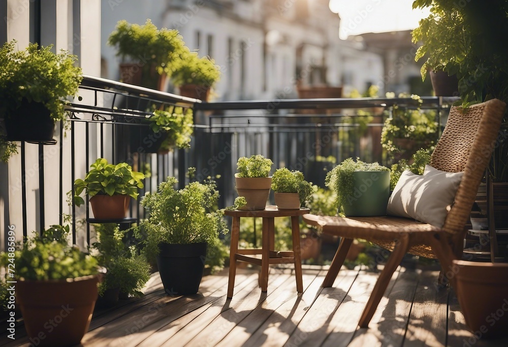 Beautiful balcony or terrace with wooden floor chair and green potted flowers plants Cozy relaxing a