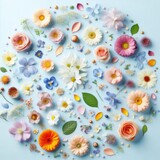 A variety of flowers and petals scattered on a light blue background