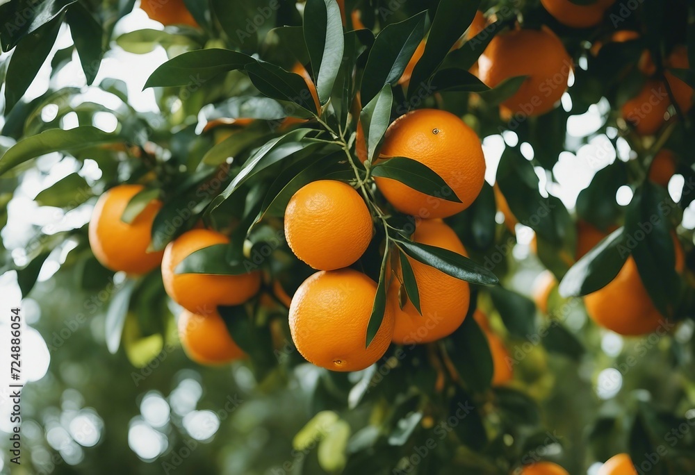 Bunch of fresh ripe oranges hanging on a tree in orange garden Details of Spain