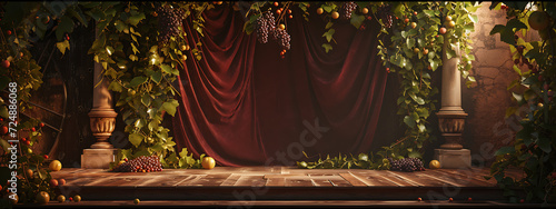a stage is in front of fruits and vines in