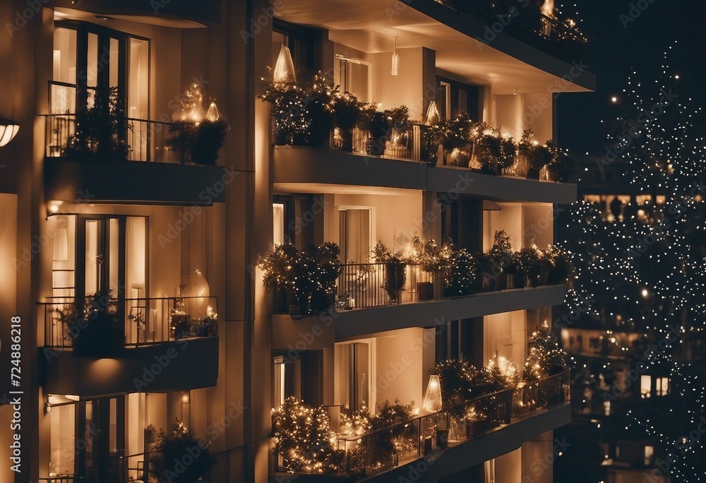 Festive balcony decoration for Christmas and New Year Modern residential apartment building balcony