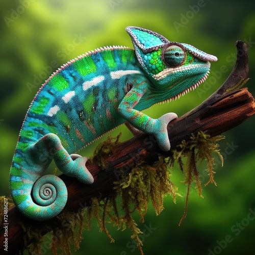 A vibrant and colorful chameleon perched on a branch with a mix of green, blue, and white colors with intricate patterns across its body chameleon on a branch 