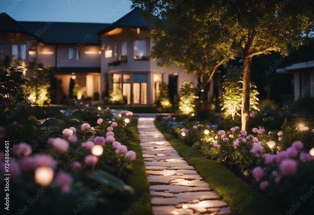 Modern gardening landscaping design details Illuminated pathway in front of residential house Landsc