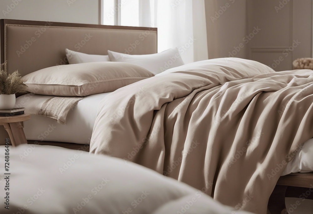 Modern house interior details Simple cozy beige bedroom interior with bed headboard linen bedding be