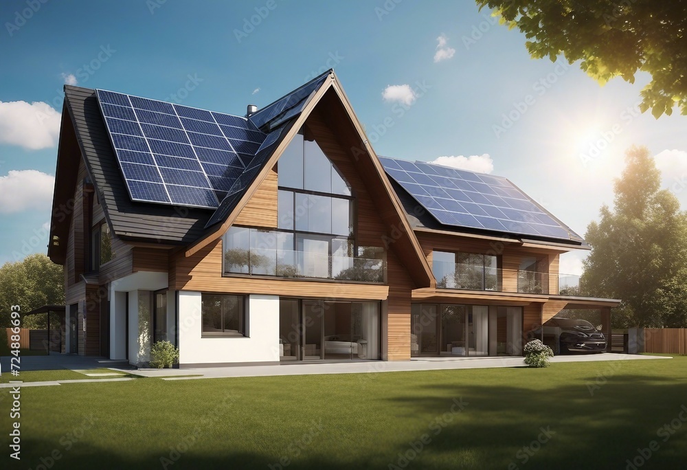New suburban house with a photovoltaic system on the roof Modern eco friendly passive house with sol New suburban house with a photovoltaic system on the roof Modern eco friendly passive house with sol