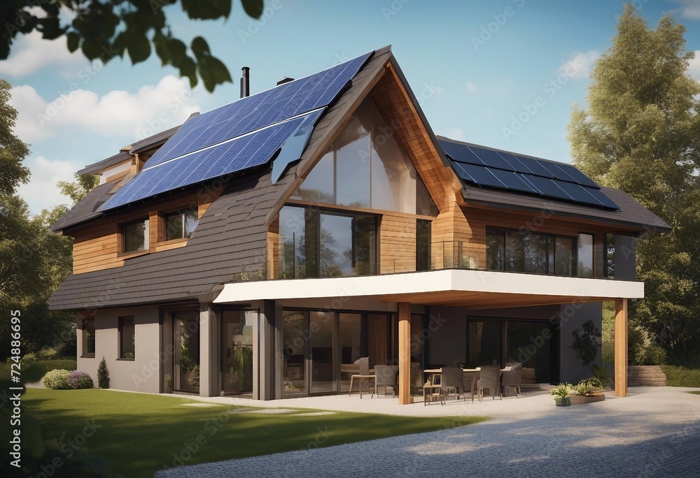 New suburban house with a photovoltaic system on the roof Modern eco friendly passive house with sol New suburban house with a photovoltaic system on the roof Modern eco friendly passive house with sol