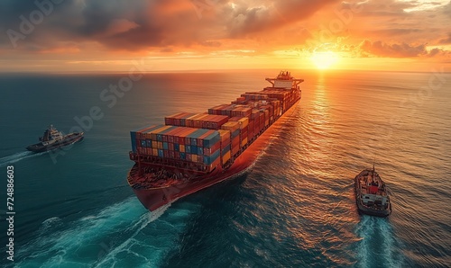 A cargo ship transports containers by sea.
