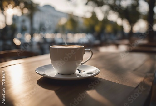 Morning coffe White cup of coffee on table in outdoors cafe with blurred city street background