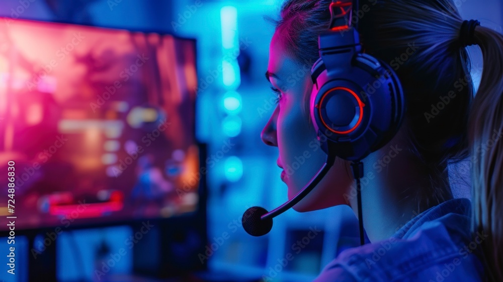 beautiful woman playing video games on her computer in her room beautiful woman playing video games on her computer in her room