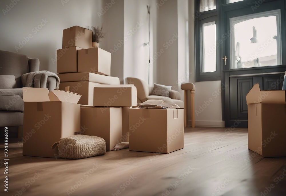 Stack of cardboard boxes with household belongings on wooden floor in living room of old classical s
