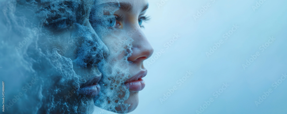 Psychological image of a woman with double effect on a light background with copy space. People with bipolar disorder, thoughts and human suffering - obrazy, fototapety, plakaty 