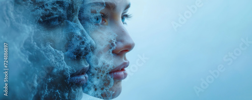Psychological image of a woman with double effect on a light background with copy space. People with bipolar disorder, thoughts and human suffering