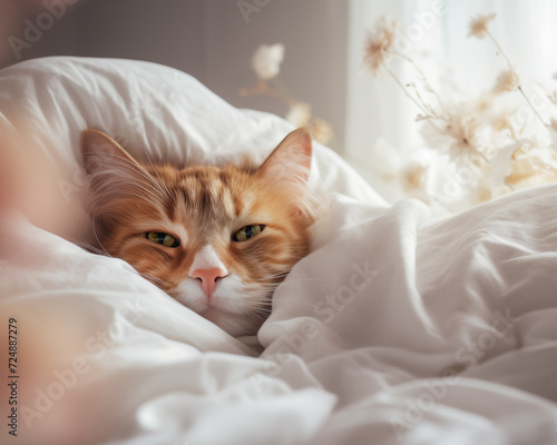 Ginger cat sleeps on duvet. Comfortable sleep on white linen in bedroom. Cute pet has a nap in bed. Tranquil scene with domestic animal and flowers on blurred background.
