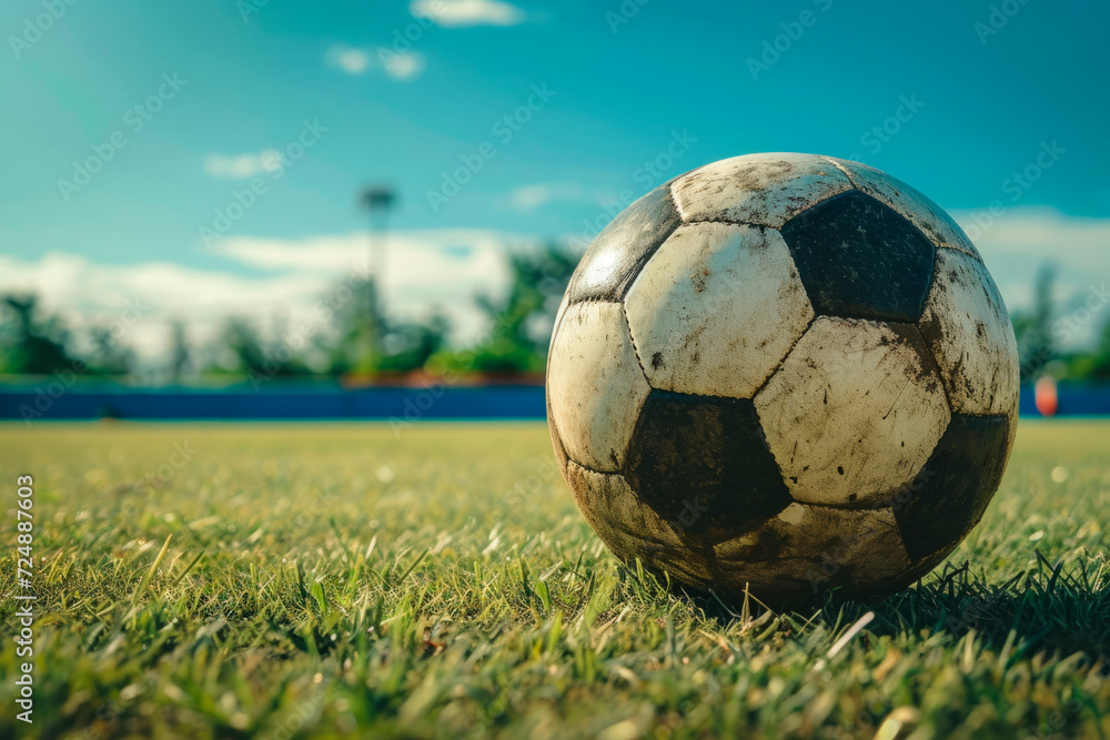 Fototapeta premium Image generated with AI. A soccer ball on the playing field