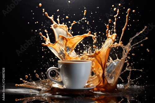 Brown liquid splashing in a white mug: Aromatic espresso pouring into a cup.