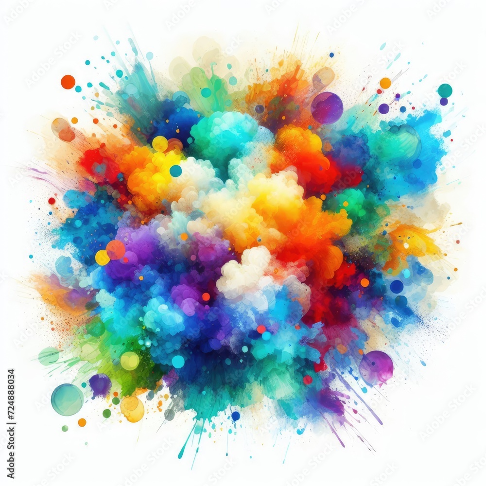 A vibrant and colorful splash of watercolors with various colors including green, blue, yellow, orange, red, and purple blended together creating a beautiful mix on a white background.